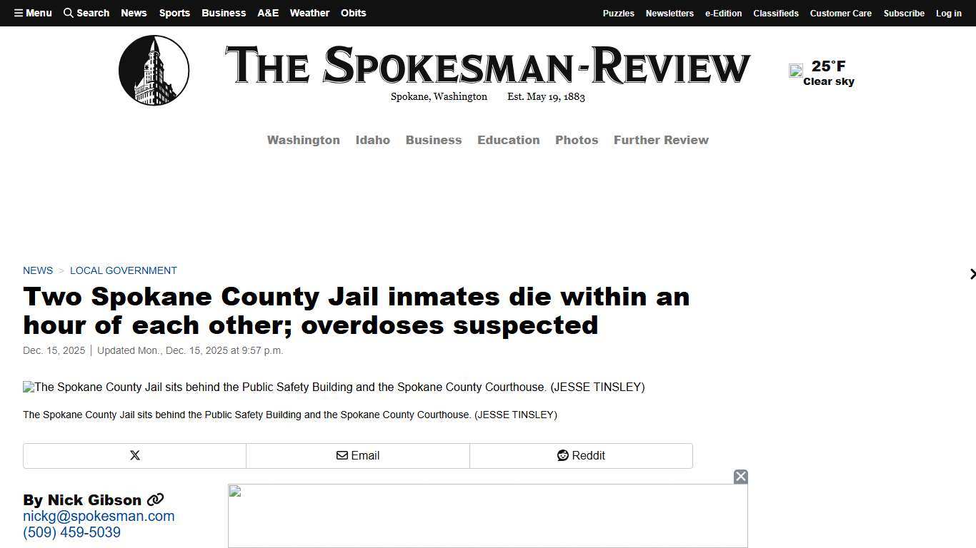 Two Spokane County Jail inmates die within an hour of each other; overdoses suspected