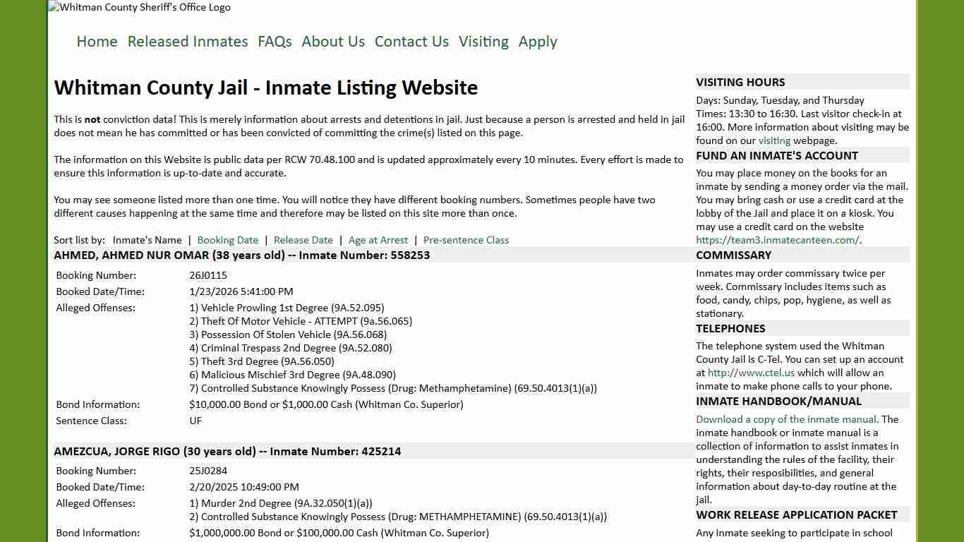 Whitman County Jail - Inmate Listing Website